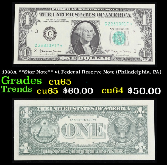 1963A **Star Note** $1 Federal Reserve Note (Philadelphia, PA) Grades Gem CU