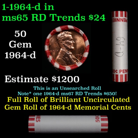 Shotgun Lincoln 1c roll, 1964-d 50 pcs Bank Wrapper.