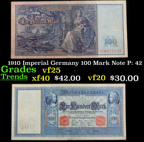 1910 Imperial Germany 100 Mark Note P: 42 Grades vf+