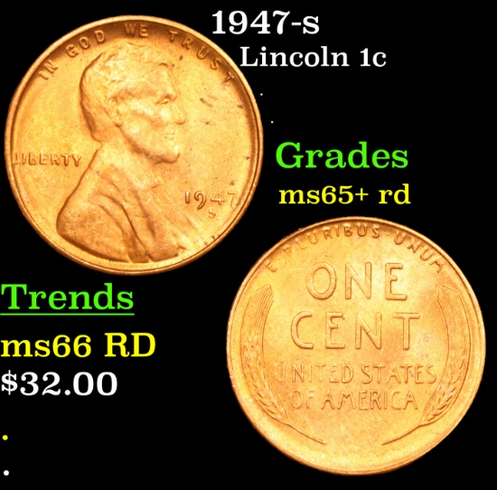 1947-s Lincoln Cent 1c Grades Gem+ Unc RD