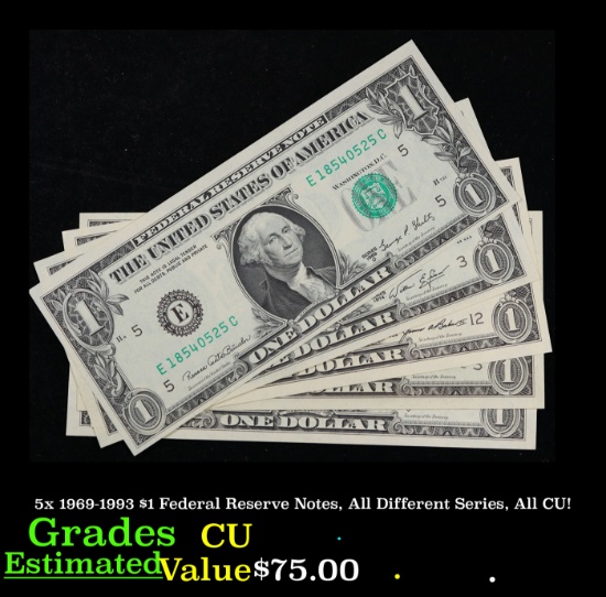 5x 1969-1993 $1 Federal Reserve Notes, All Different Series, All CU! Grades CU