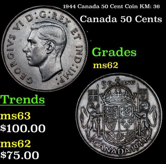 1944 Canada 50 Cent Coin KM: 36 Grades Select Unc