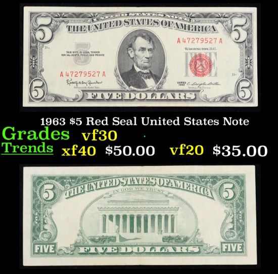 1963 $5 Red Seal United States Note Grades vf++