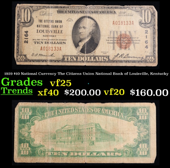 1929 $10 National Currency The Citizens Union National Bank of Louisville, Kentucky Grades vf+