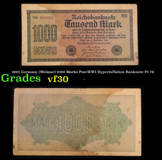 1922 Germany (Weimar) 1000 Marks Post-WWI Hyperinflation Banknote P# 76 Grades vf++