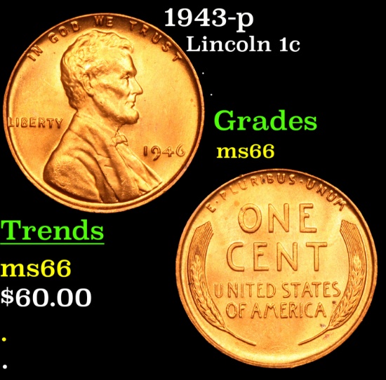 1943-p Lincoln Cent 1c Grades GEM+ Unc