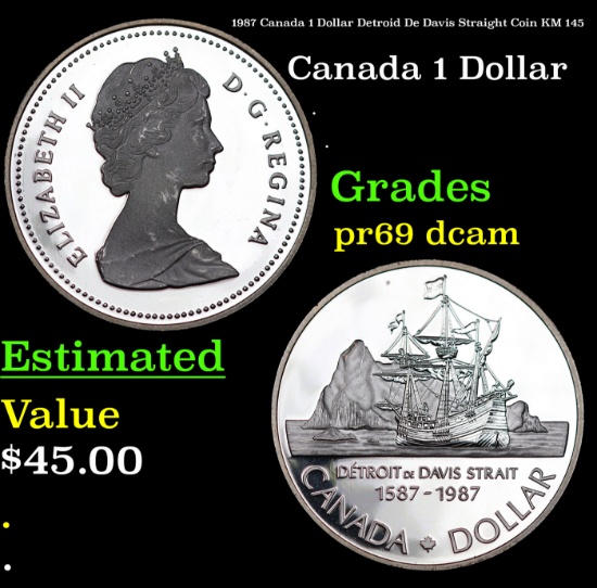 Proof 1987 Canada 1 Dollar Detroid De Davis Straight Coin KM: 145 Grades GEM++ Proof Deep Cameo