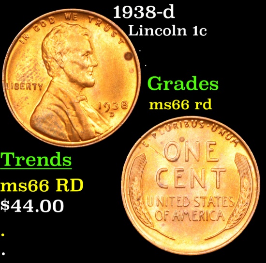 1938-d Lincoln Cent 1c Grades GEM+ Unc RD