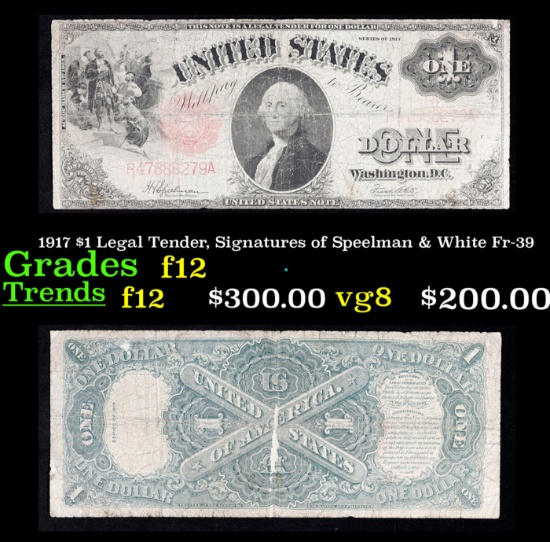 1917 $1 Legal Tender, Signatures of Speelman & White Fr-39 Grades f, fine