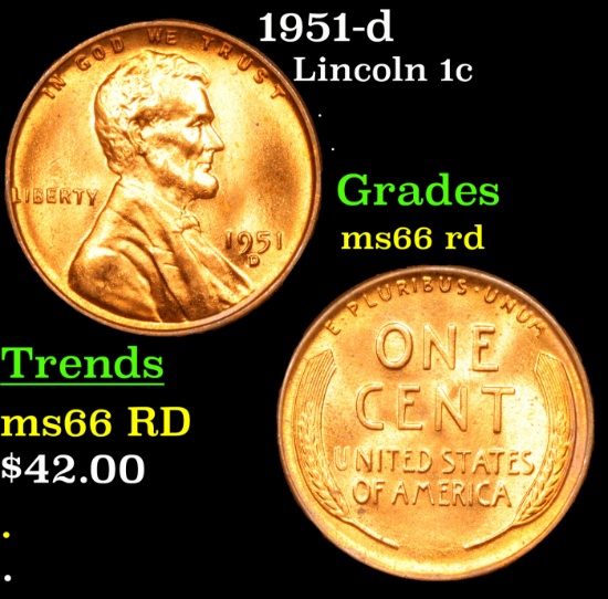 1951-d Lincoln Cent 1c Grades GEM+ Unc RD