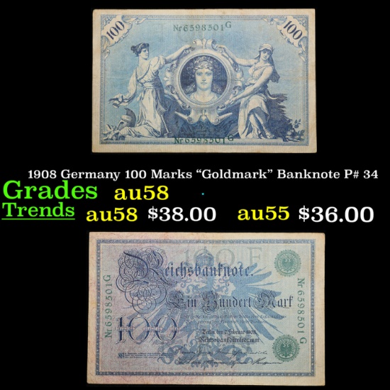 1908 Germany 100 Marks "Goldmark" Banknote P# 34 Grades Choice AU/BU Slider