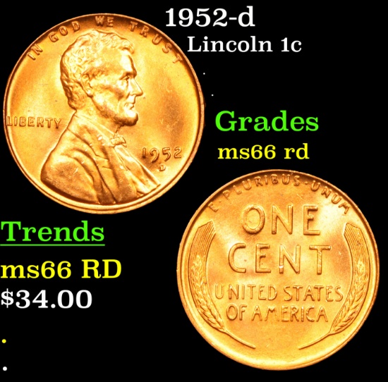 1952-d Lincoln Cent 1c Grades GEM+ Unc RD