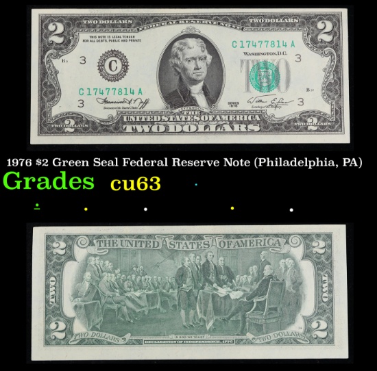 1976 $2 Green Seal Federal Reserve Note (Philadelphia, PA) Grades Select CU