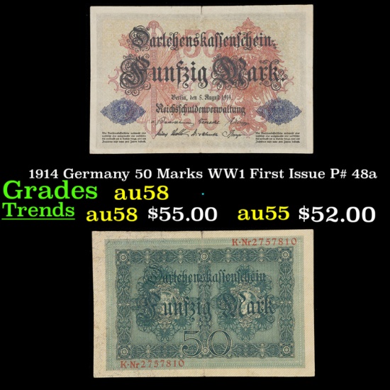 1914 Germany 50 Marks WW1 First Issue P# 48a Grades Choice AU/BU Slider