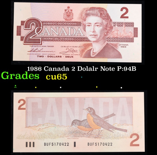 1986 Canada 2 Dolalr Note P:94B Grades Gem CU