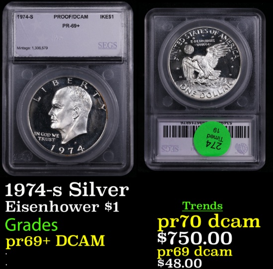 Proof 1974-s Silver Eisenhower Dollar $1 Graded pr69+ DCAM BY SEGS