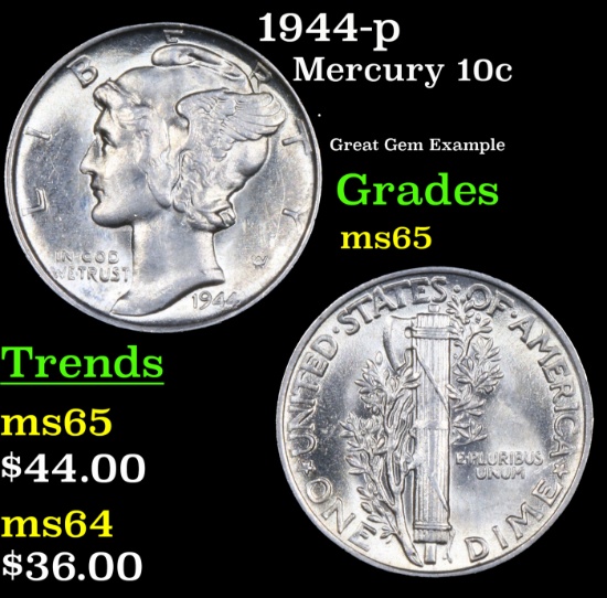 1944-p Mercury Dime 10c Grades GEM Unc