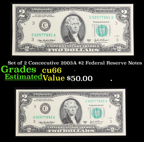 Set of 2 Concecutive 2003A $2 Federal Reserve Notes Grades Gem+ CU