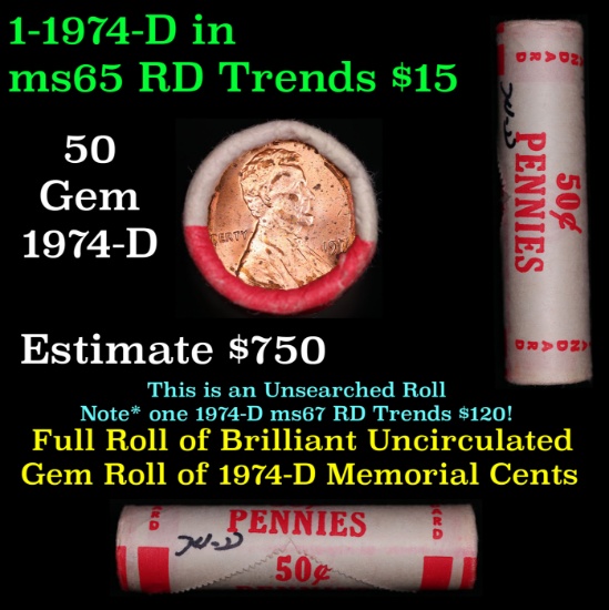 Shotgun Lincoln 1c roll, 1974-d 50 pcs Standard Pennies Wrapper.
