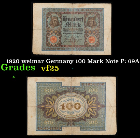 1920 weimar Germany 100 Mark Note P: 69A Grades vf+