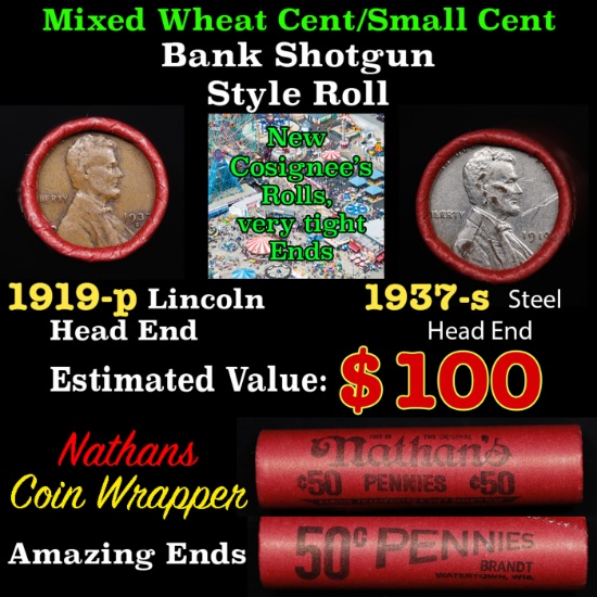Mixed small cents 1c orig shotgun roll, 1919-p Steel Cent, 1937-s Lincoln Cent other end, Nathan's B