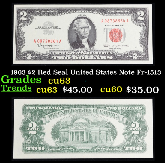 1963 $2 Red Seal United States Note Fr-1513 Grades Select CU