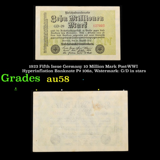 1923 Fifth Issue Germany 10 Million Mark Post-WWI Hyperinflation Banknote P# 106a, Watermark: G/D in