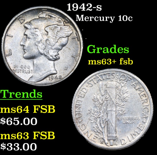 1942-s Mercury Dime 10c Grades Select Unc+ FSB
