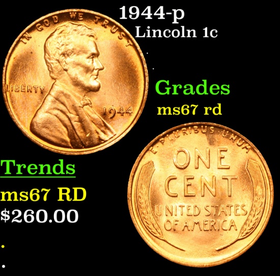 1944-p Lincoln Cent 1c Grades GEM++ Unc RD