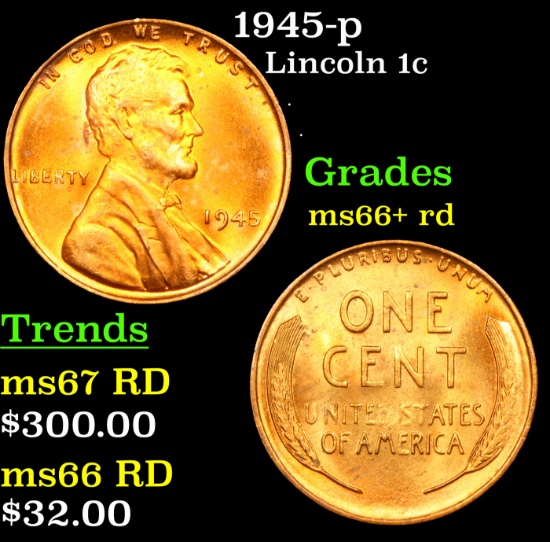 1945-p Lincoln Cent 1c Grades GEM++ RD