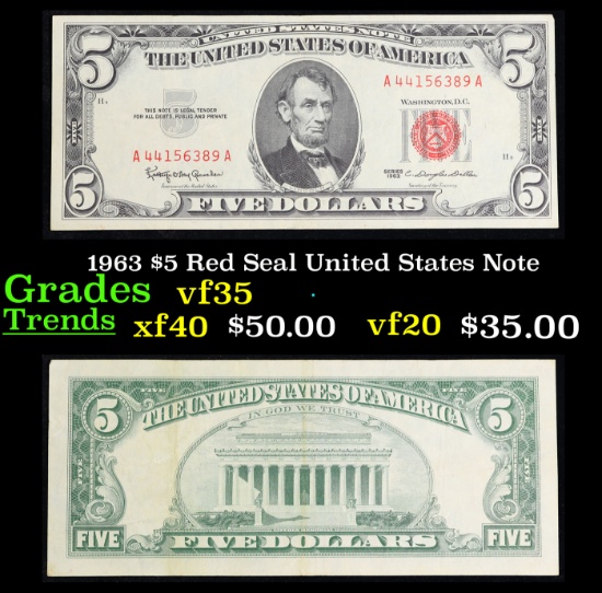1963 $5 Red Seal United States Note Grades vf++