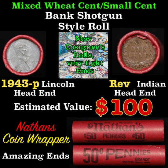 Mixed small cents 1c orig shotgun roll, 1943-p Steel Cent, Wheat Cent other end, Nathan's Brandt Wra