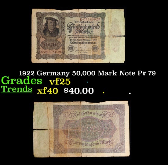 1922 Germany 50,000 Mark Note P# 79 Grades vf+
