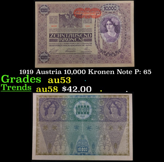 1919 Austria 10,000 Kronen Note P: 65 Grades Select AU