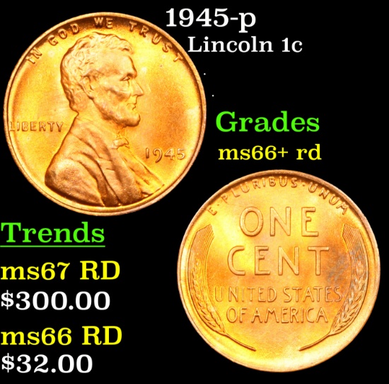 1945-p Lincoln Cent 1c Grades GEM++ RD