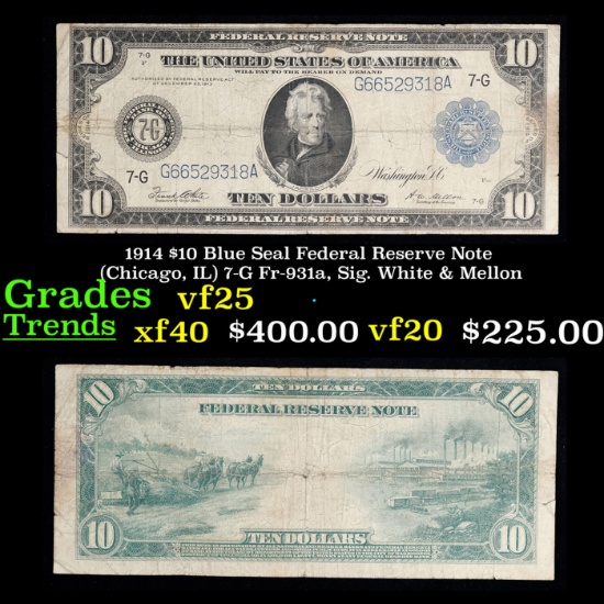 1914 $10 Blue Seal Federal Reserve Note (Chicago, IL) 7-G Fr-931a, Sig. White & Mellon Grades vf+