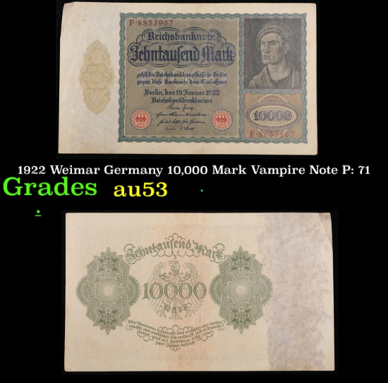 1922 Weimar Germany 10,000 Mark Vampire Note P: 71 Grades Select AU