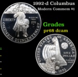 Proof 1992-d Columbus Modern Commem Dollar $1 Grades GEM++ Proof Deep Cameo