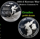 Proof 1991-d Korean War Modern Commem Dollar $1 Grades GEM++ Proof Deep Cameo