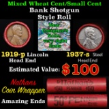 Mixed small cents 1c orig shotgun roll, 1919-p Steel Cent, 1937-s Lincoln Cent other end, Nathan's B