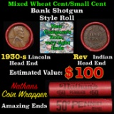 Mixed small cents 1c orig shotgun roll,  Wheat Cent, 1930-s Lincoln Cent other end, Nathan's Brandt