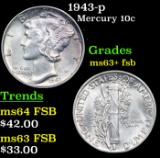 1943-p Mercury Dime 10c Grades Select Unc+ FSB