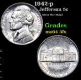 1942-p Jefferson Nickel 5c Grades Choice Unc 5fs
