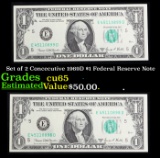 Set of 2 Concecutive 1969D $1 Federal Reserve Note Grades Gem CU