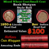 Mixed small cents 1c orig shotgun roll, 1930-s Lincoln Cent, Wheat Cent other end, Nathan's Brandt W