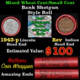 Mixed small cents 1c orig shotgun roll, 1943-p Steel Cent, Wheat Cent other end, Nathan's Brandt Wra