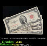 4x 1953 A / B / C $2 United States Note Series Set, XF/AU Grade Grades xf