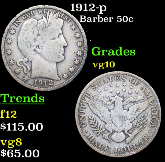 1912-p Barber Half Dollars 50c Grades vg+