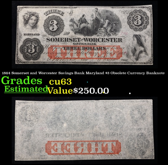 1864 Somerset and Worcester Savings Bank Maryland $3 Obsolete Currency Banknote Grades Select CU