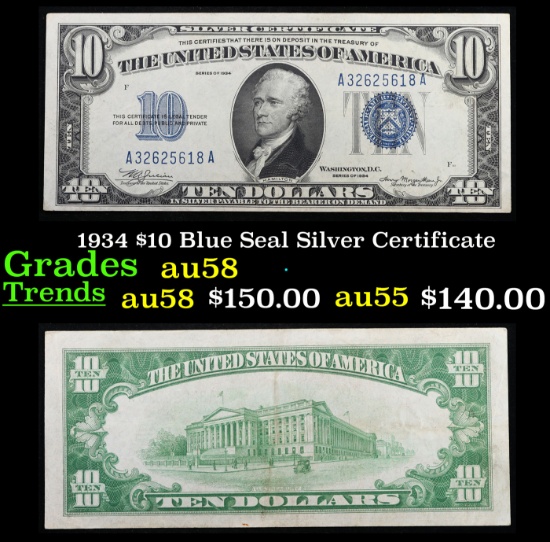 1934 $10 Blue Seal Silver Certificate Grades Choice AU/BU Slider
